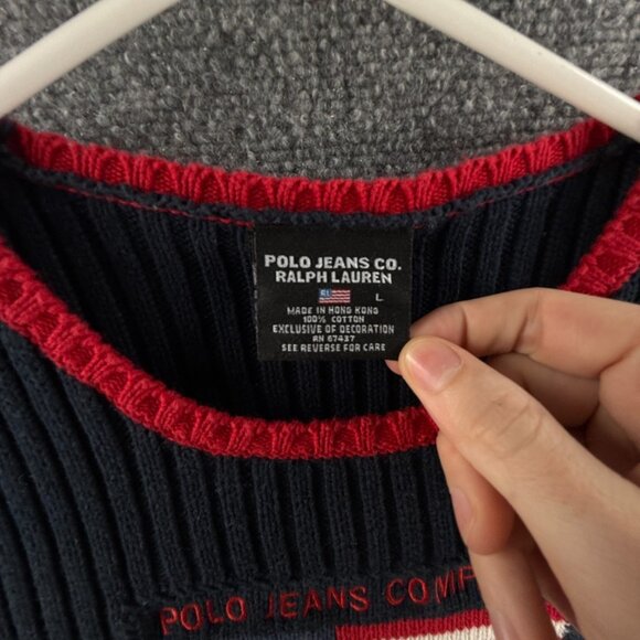 Polo Jeans Ralph Lauren Women Flag Sweater Rib Knit Large Short Sleeve Blue Red - Picture 10 of 13